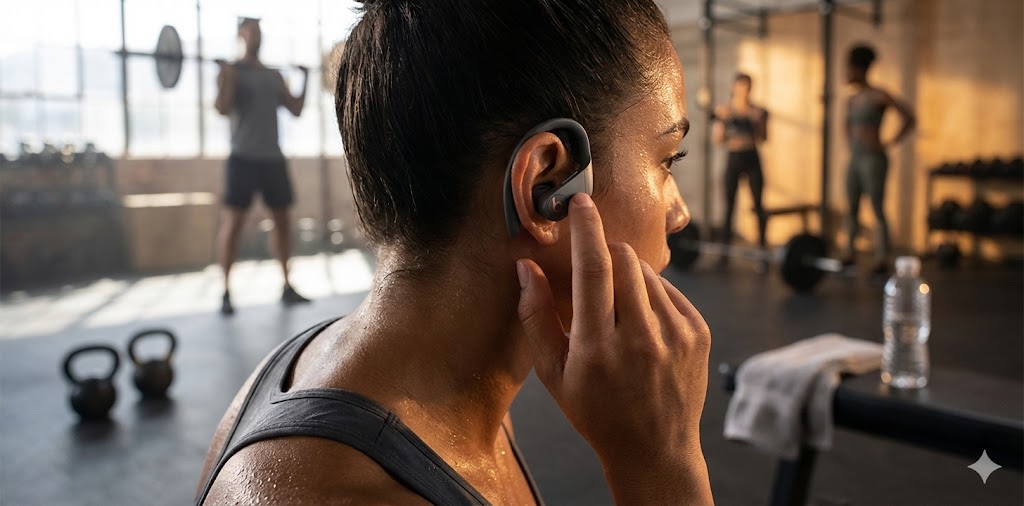 Närbild på en kvinna som justerar sina svettåliga trådlösa hörlurar med öronkrok under ett intensivt gympass, en illustration för guiden om bästa hörlurarna för gymmet 2026.