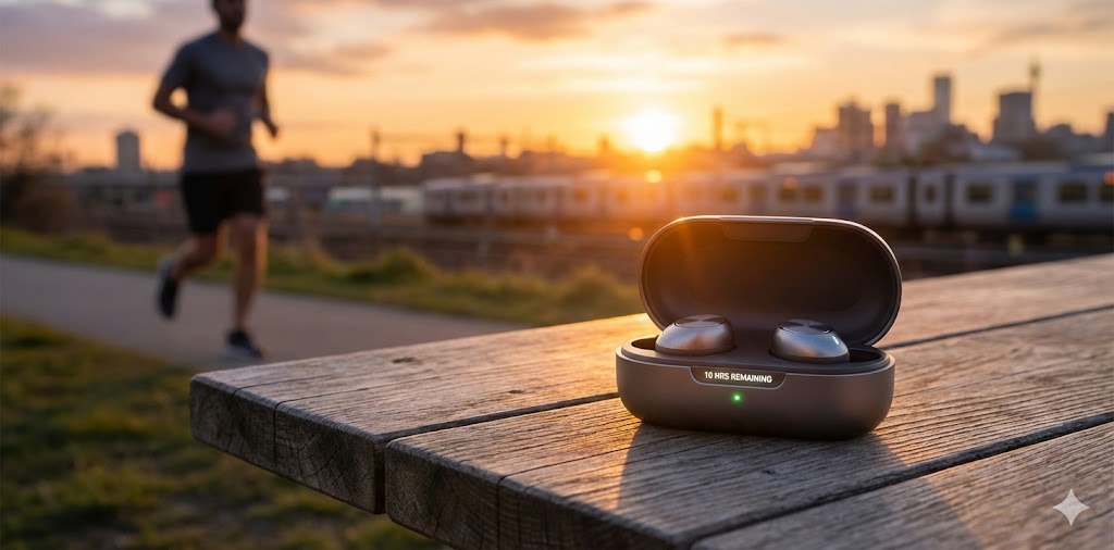 Närbild på trådlösa hörlurar i ett öppet laddningsetui som indikerar batteritid, placerade på en träbänk i solnedgången med en joggare i bakgrunden.
