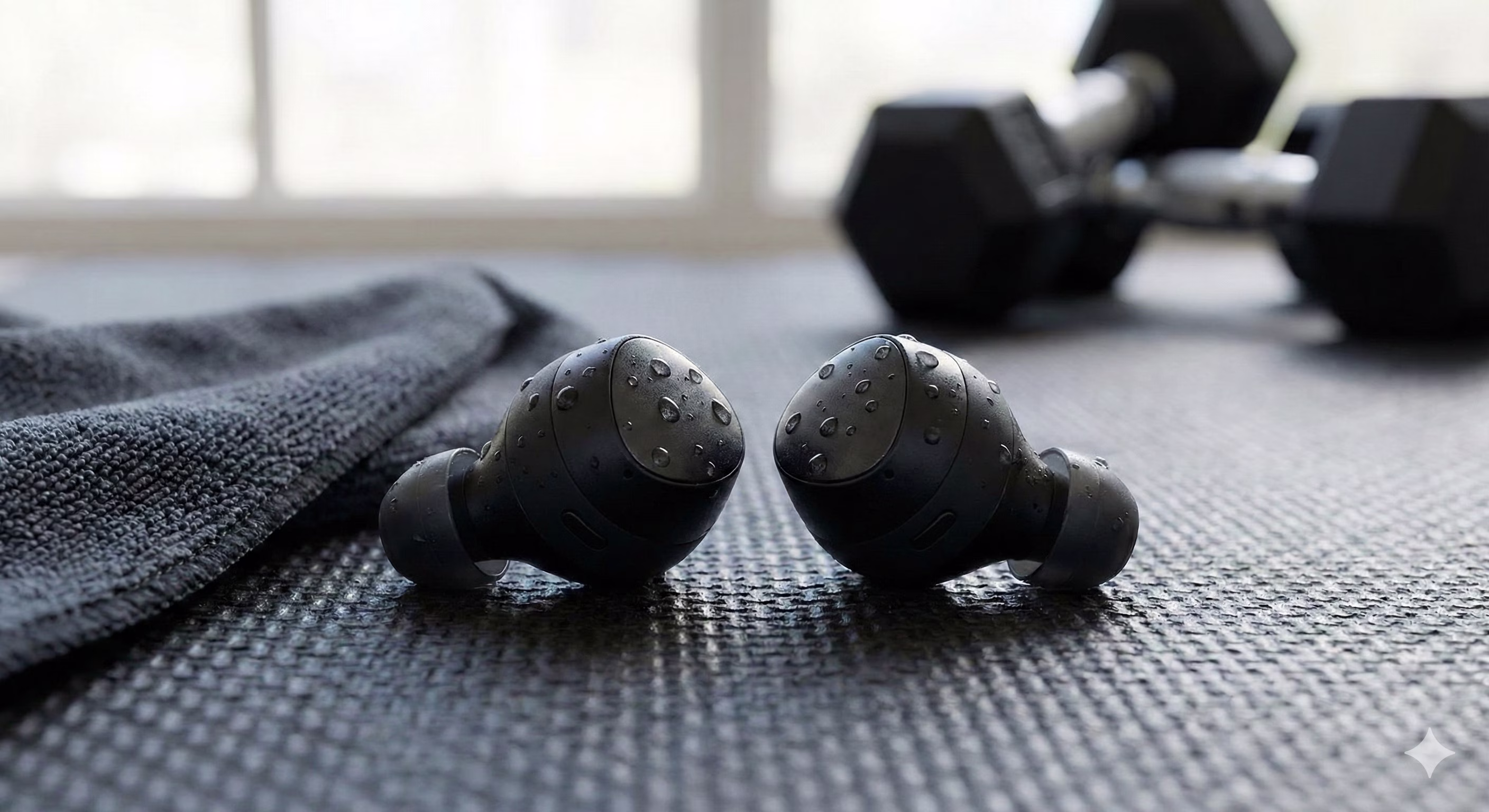Närbild på svarta true wireless-hörlurar med vattendroppar på ytan, liggandes på ett gymgolv bredvid en handduk och hantlar.