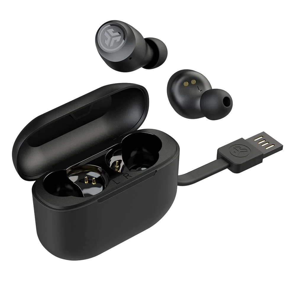 Svarta JLab Go Pop+ med laddfodral och USB-A