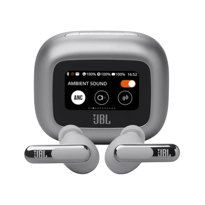 Silver JBL Live Beam 3 med laddfodral